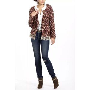 Anthropologie HWR‎ Chunky Knit Multicolored Cardigan With Lace Trim Sz M